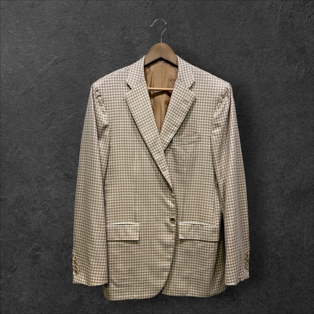 Kiton Napoli 100% Cashmere Gingham Sport Coat Blazer Tan White Mens 52 IT 42 US